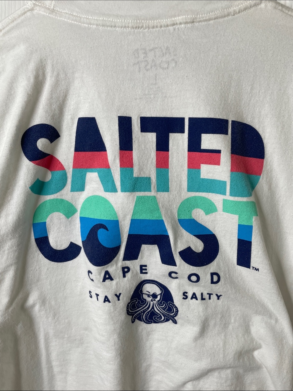 White Graphic men’s short sleeve T Salted Cape Cod Coast logo.